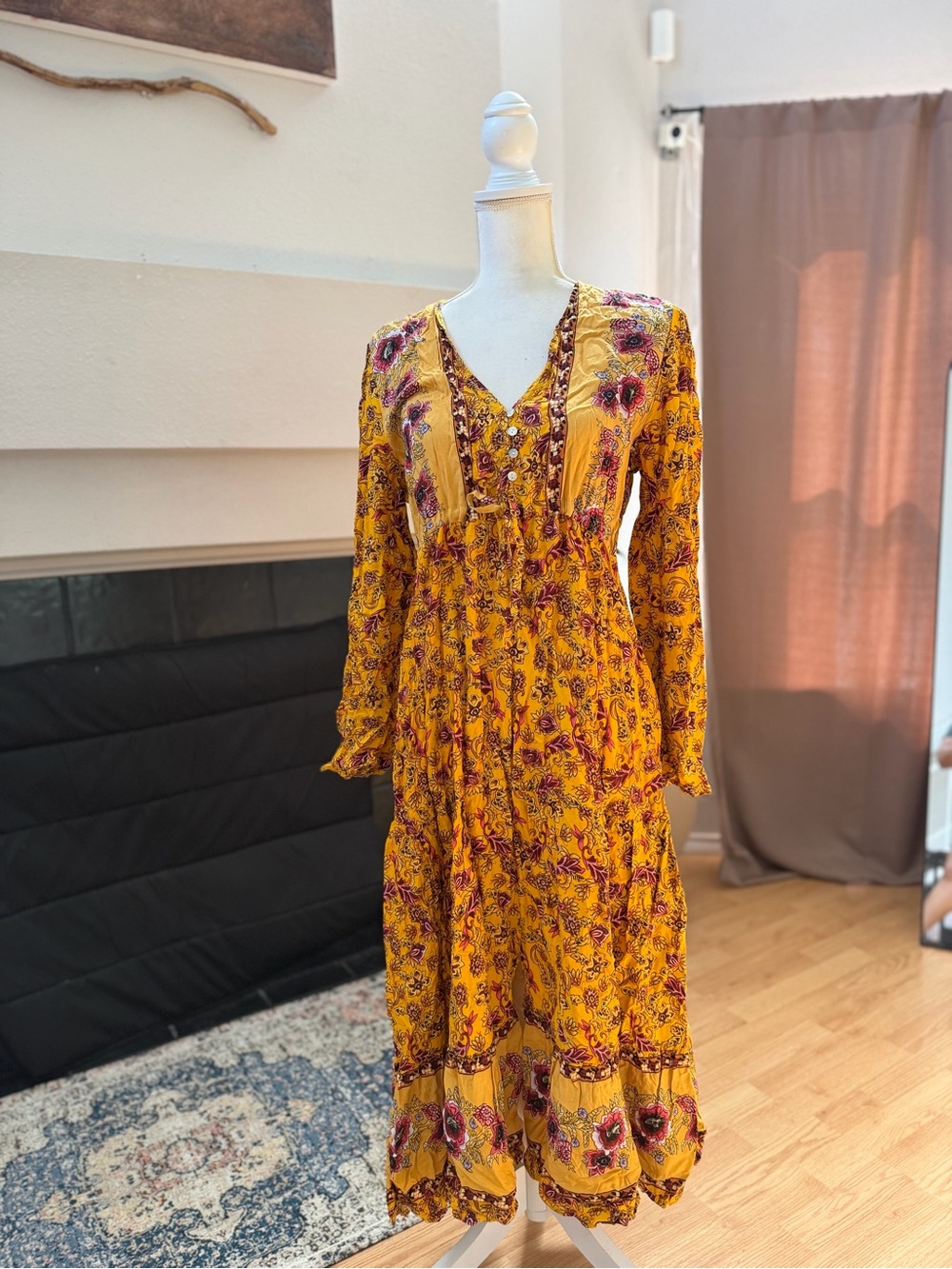 Women's Yellow Floral Maxi Dress with V-Neck